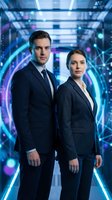 Professional business team standing in futuristic digital corridor with neon lighting and holographic displays for corporate technology concepts.