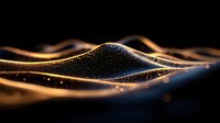 Glowing golden particles form smooth waves against dark background, creating abstract luxury design with sparkling light effects and flowing motion.