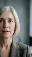 Mature woman with white shoulder-length hair and fair complexion wearing gray blazer, looking thoughtfully at camera in professional studio setting for corporate and business applications.
