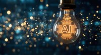 Glowing light bulb with AI text filament against sparkling blue bokeh background representing artificial intelligence innovation and technology concepts.