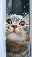 Close-up portrait of curious cat with snow-covered face peering through window gap, bright amber eyes and pink nose visible against white winter background.