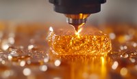 Metallic drill bit cutting through golden amber material with sparkling debris, showcasing precision manufacturing process in macro photography.
