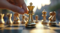 Golden chess king piece on board with dramatic lighting and shallow depth of field, strategic game concept for business leadership and success.