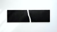 Two black rectangular pieces torn apart with jagged white crack between them on white background symbolizing division, separation or breaking point.