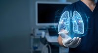 Healthcare professional displaying holographic lung anatomy in modern medical facility for respiratory system education and diagnostic technology.