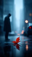 Red maple leaf on wet pavement reflects in puddle while silhouette of person stands in rainy urban night scene with bokeh lights creating moody atmosphere.