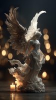 Majestic angel statue with spread wings illuminated by warm candlelight against bokeh background creating spiritual atmosphere for religious decor.