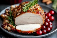 Sliced roasted turkey breast garnished with fresh rosemary, cranberries and caramelized nuts served on dark plate, close up view of festive main course.