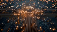 Glowing orange circuit paths on dark blue motherboard background with light effects and digital connections forming technological pattern. For tech concepts.