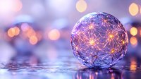 Glowing glass sphere with delicate wire lights inside reflects on wet surface against soft purple and golden bokeh background, creating magical atmosphere.