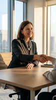 Professional middle-aged Caucasian businesswoman in dark suit shaking hands across conference table in modern office with city skyline view during meeting.