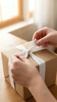 Hands of a young woman, light skin tone, tying a white ribbon bow on a kraft paper gift box in bright natural sunlight for holiday gifting and special occasions.