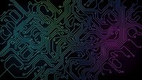 Abstract circuit board pattern with glowing neon lines in cyan and purple colors on dark background for technology and electronics design projects.