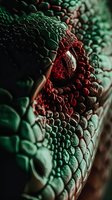 Macro shot of dragon eye with detailed emerald green scales and glowing red highlights, showing intricate reptilian texture and mysterious gaze. Fantasy concept art.