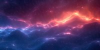 Vibrant cosmic panorama featuring glowing pink and blue nebula clouds against dark space background with shimmering stars and ethereal light effects.