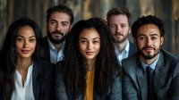 Diverse professional business team portrait with confident young adults in corporate attire standing together in modern office environment.