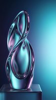 Iridescent glass sculpture with flowing organic forms in cyan and magenta tones on gradient blue background, suitable for modern art and design projects.