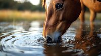 Chestnut horse drinking from natural water source creating ripples on surface, close-up view of muzzle and eye showing peaceful moment in nature.