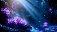 Magical underwater coral reef with glowing purple corals and mystical light beams streaming through dark ocean water creating enchanting marine fantasy scene.