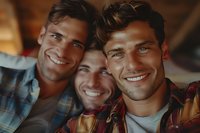 Three young Caucasian men with bright smiles and modern hairstyles in casual wear taking a close-up selfie, perfect for lifestyle, friendship or dental care advertising.