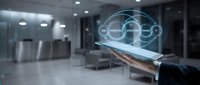 Business professional holding smartphone displaying digital network connections with glowing nodes in modern office lobby environment for technology presentations.