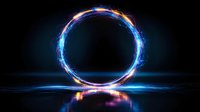 Glowing energy ring with blue and orange light effects floating above reflective surface against dark background, creating magical portal atmosphere.