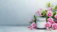 Pink carnation flowers with fresh green leaves arranged next to white cosmetic jar on light gray background, copy space for beauty product presentation.