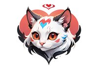 Mystical white cat with heart markings and orange eyes on heart-shaped background, decorated with black feathers and blue accents. Fantasy pet art for valentines designs.