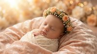 Peaceful newborn baby girl sleeping wrapped in cream knit blanket wearing delicate floral crown with soft peach roses against warm golden bokeh background.