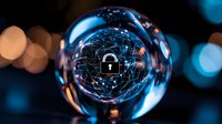 Glowing padlock icon inside glass sphere with digital network connections against blurred blue and orange bokeh background for cybersecurity concept.