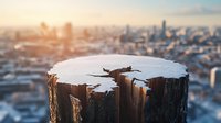 Weathered tree stump with natural crack on urban rooftop overlooking city skyline at sunset, concept of nature and urban contrast.