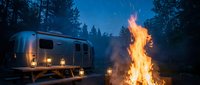 Camping trailer and crackling campfire under starry night sky in forest wilderness for outdoor adventure and recreational vehicle lifestyle.