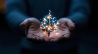 Magical glowing sailing boat miniature floating above cupped hands in dark background, creating dreamy atmosphere with sparkles and light effects for fantasy concepts.