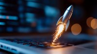 Glowing rocket launching from computer keyboard with sparkles against dark blue background, symbolizing fast startup and business acceleration.