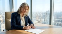 Middle-aged Caucasian woman in business attire signing documents at wooden desk in high-rise office with city skyline view. Corporate professional completing paperwork.