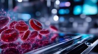 Red blood cells flowing through microscopic vessel with blue bokeh background effect, scientific medical visualization showing cellular biology and health concept.