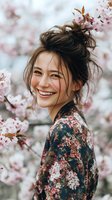 Young woman with messy bun hairstyle smiling among cherry blossoms, wearing floral pattern clothing during spring season.