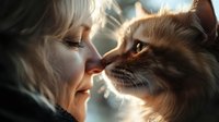 Tender moment between senior woman with silver hair and ginger cat touching noses in warm sunlight, showcasing pet companionship and emotional bond.