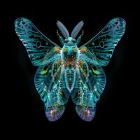 Luminous turquoise moth with intricate wing patterns and golden accents against black background, creating dramatic nature art for decorative prints.