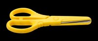 Bright yellow safety scissors with rounded handles and metal blades, isolated on transparent background, ready for clipart, educational materials, print-on-demand products, and design projects.