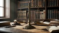 Scales of justice on wooden desk in law library with vintage books, representing legal system, courtroom proceedings, and attorney workspace for legal concepts.