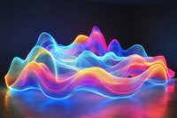 Vibrant neon waves of light creating abstract flowing lines and curves against dark background, glowing multicolored spectrum with reflection on surface.