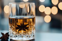 Crystal glass of whiskey or bourbon with star anise garnish against blurred bokeh lights background creates luxurious mood for celebration or relaxation.