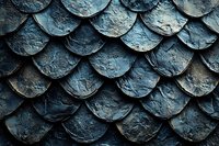 Textured metallic scales in dark blue and silver tones create dramatic dragon-like pattern with rough surface and overlapping elements. Macro photography background.