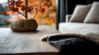 Cozy autumn interior with knitted blanket on wooden table, orange leaves in vase and soft sofa. Natural light from window creates warm atmosphere.