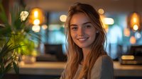 Young attractive Caucasian woman with long brown hair smiling warmly in modern restaurant or cafe with soft bokeh lighting and cozy atmosphere for hospitality.