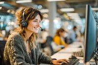 Young Caucasian woman with headset smiling while working at computer in modern call center office environment.