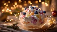 Festive fruit salad with berries and cream in glass bowl on wooden table with warm bokeh lights creating cozy holiday atmosphere for seasonal celebrations.