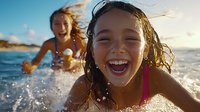 Joyful young girls playing and splashing in ocean waves at sunset, genuine expressions of happiness and fun during summer beach vacation, candid lifestyle moment.