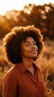 Young African American woman with curly afro hair enjoying peaceful moment in warm golden sunset light outdoors with eyes closed and serene expression.